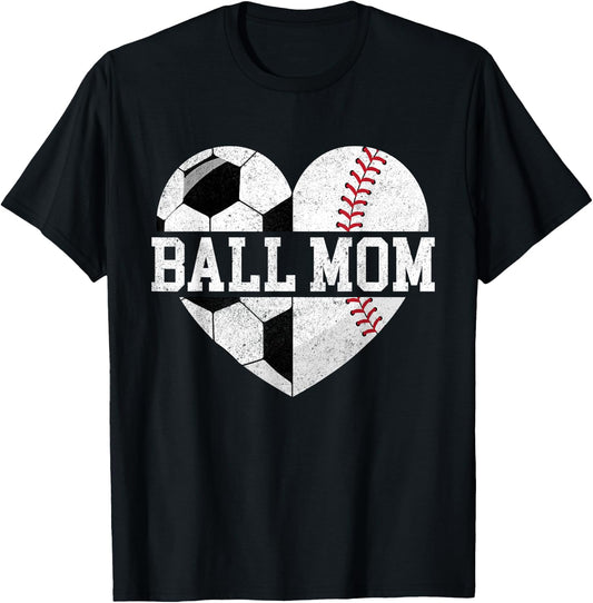Ball Mom Shirt Heart Funny Baseball Soccer Mom T-Shirt - T-Shirt | Black