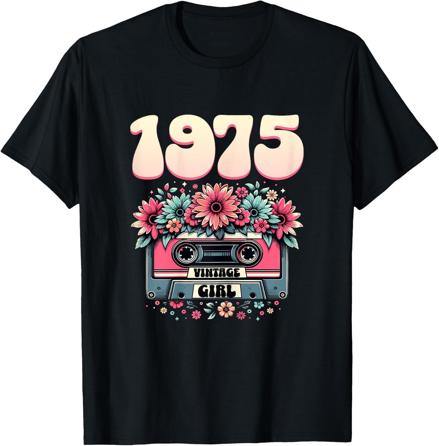 Cassette Rétro Femme 50 ans 1975 Cadeau Ladies 50th Birthday 1975 Retro Cassette Design Black with Flowers T-Shirt - T-Shirt | Black