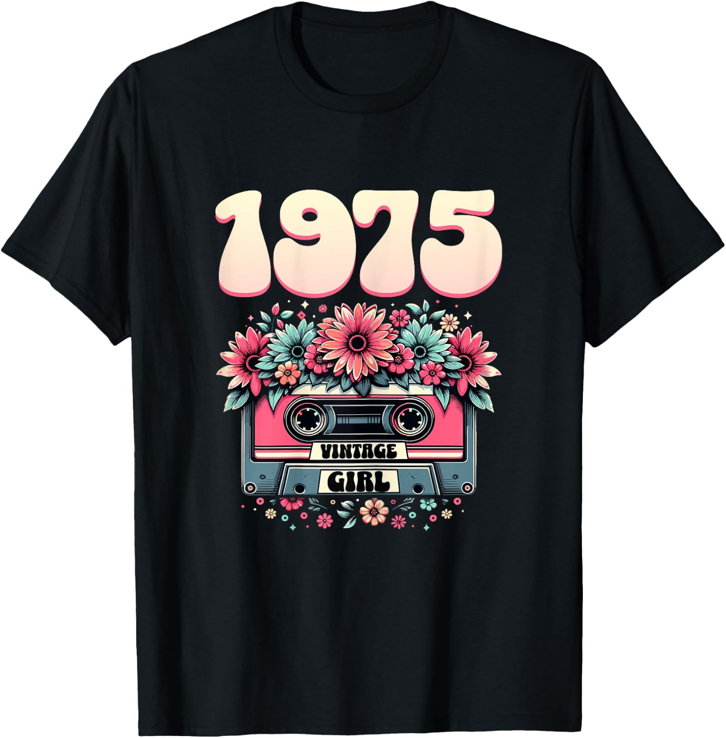 Cassette Rétro Femme 50 ans 1975 Cadeau Ladies 50th Birthday 1975 Retro Cassette Design Black with Flowers T-Shirt - T-Shirt | Black