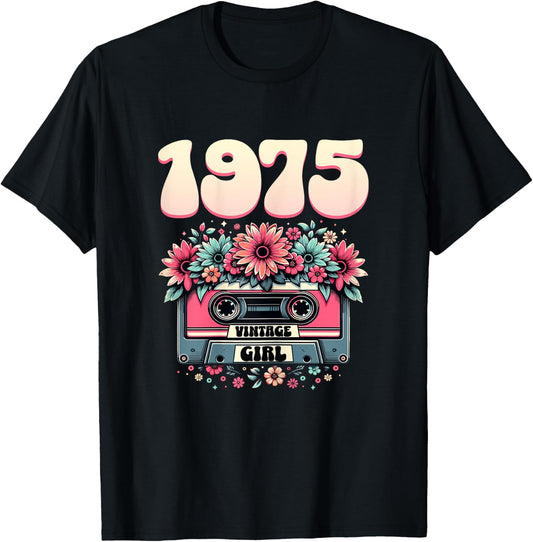 Cassette Rétro Femme 50 ans 1975 Cadeau Ladies 50th Birthday 1975 Retro Cassette Design Black with Flowers T-Shirt - T-Shirt | Black