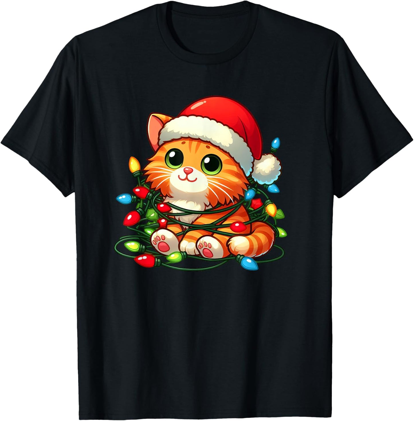 Orange Tabby Cat Christmas Lights Pet Funny Xmas Women Kids T-Shirt - T-Shirt | Black