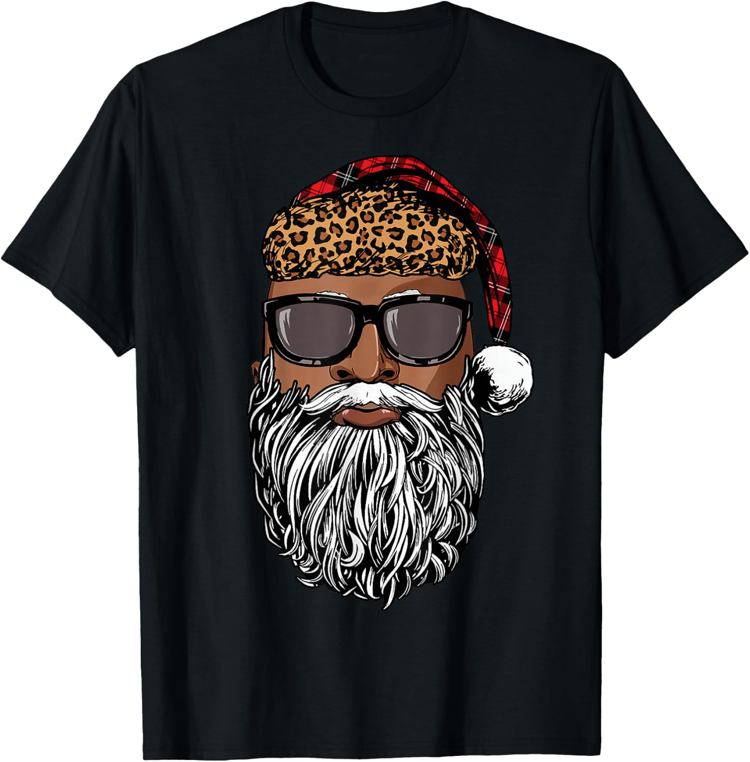 Santa Claus Face Black Leopard African American Christmas T-Shirt - T-Shirt | Black