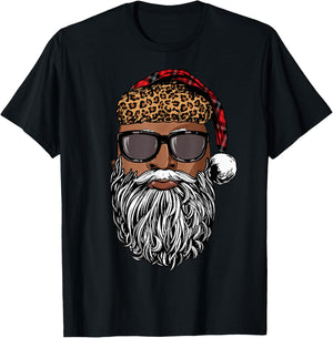 Santa Claus Face Black Leopard African American Christmas T-Shirt - T-Shirt | Black