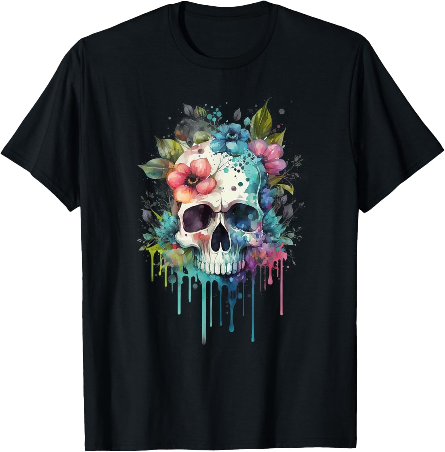 Vintage Skull Boho Skull with Flowers T-Shirt - T-Shirt | Black