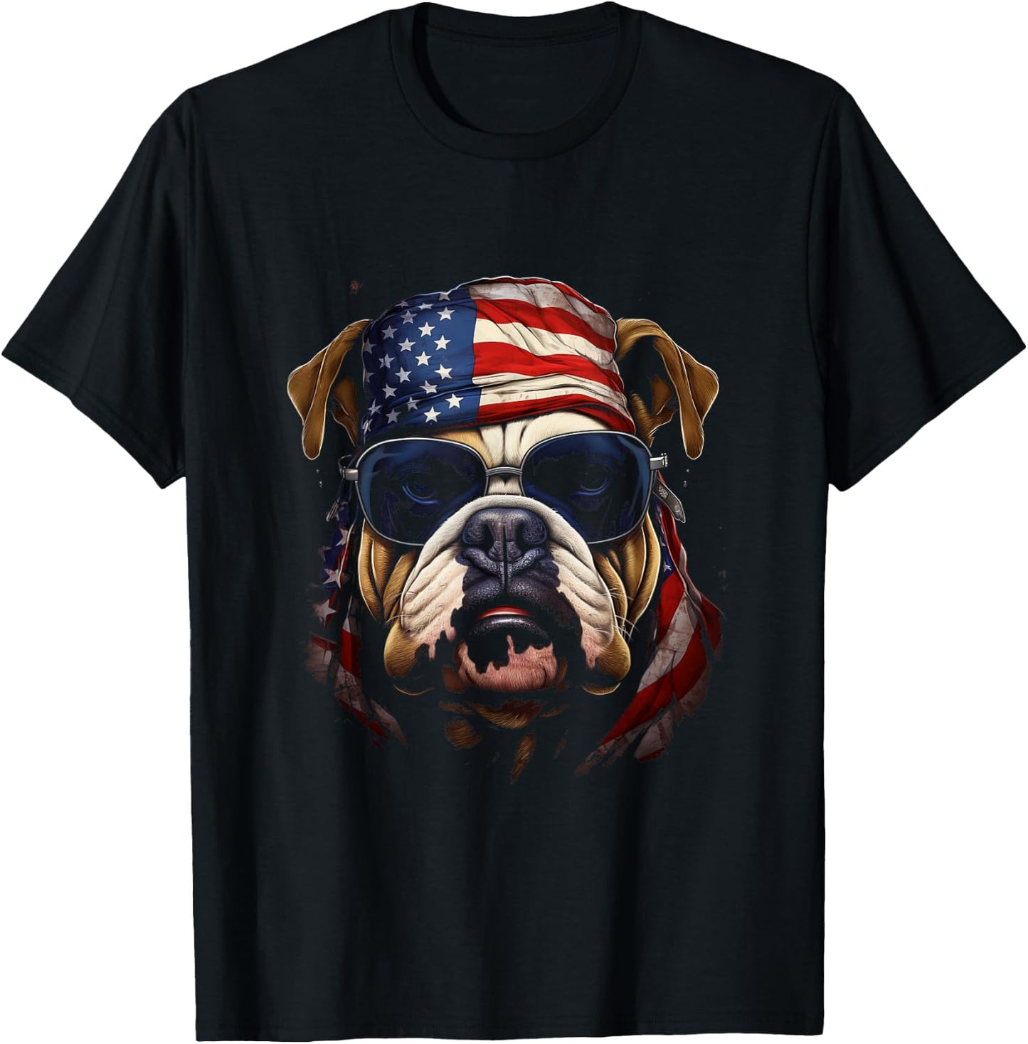 Bulldog Wearing American Flag Bandana Patriotic Paws T-Shirt - T-Shirt | Black