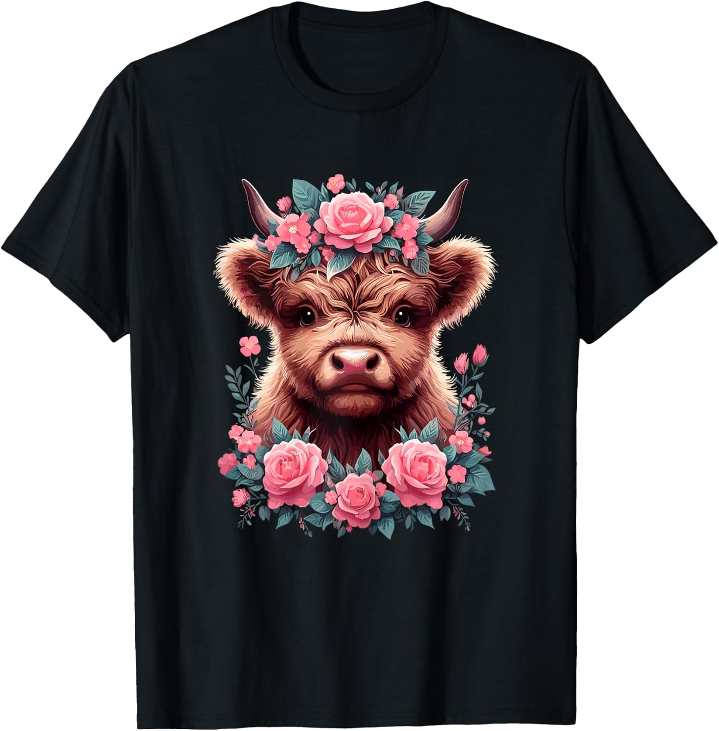 Highland Cow Roses Cute Floral Cow Lover T-Shirt - T-Shirt | Black