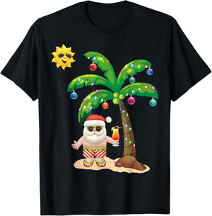July Christmas Palm Tree Mid Year Santa Claus Beach T-Shirt - T-Shirt | Black