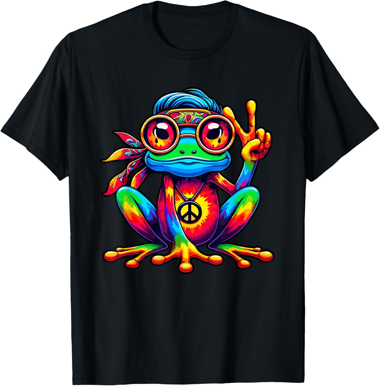 Hippie Frog Costume Tie Dye Peace Sign 70s Party 60s , Black, S T-Shirt - T-Shirt | Black