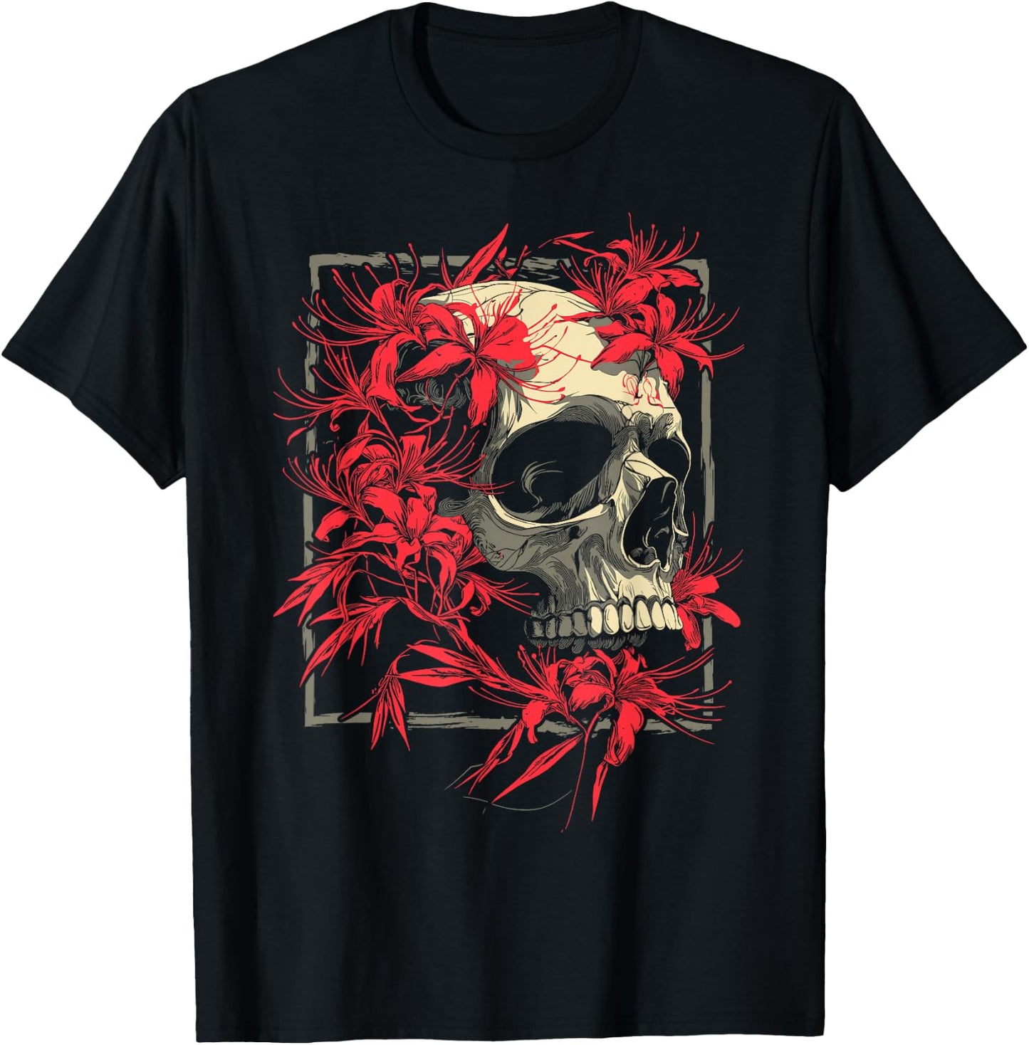 Red Spider Lily Flower Skull Skeleton Japanese Anime Otaku T-Shirt - T-Shirt | Black