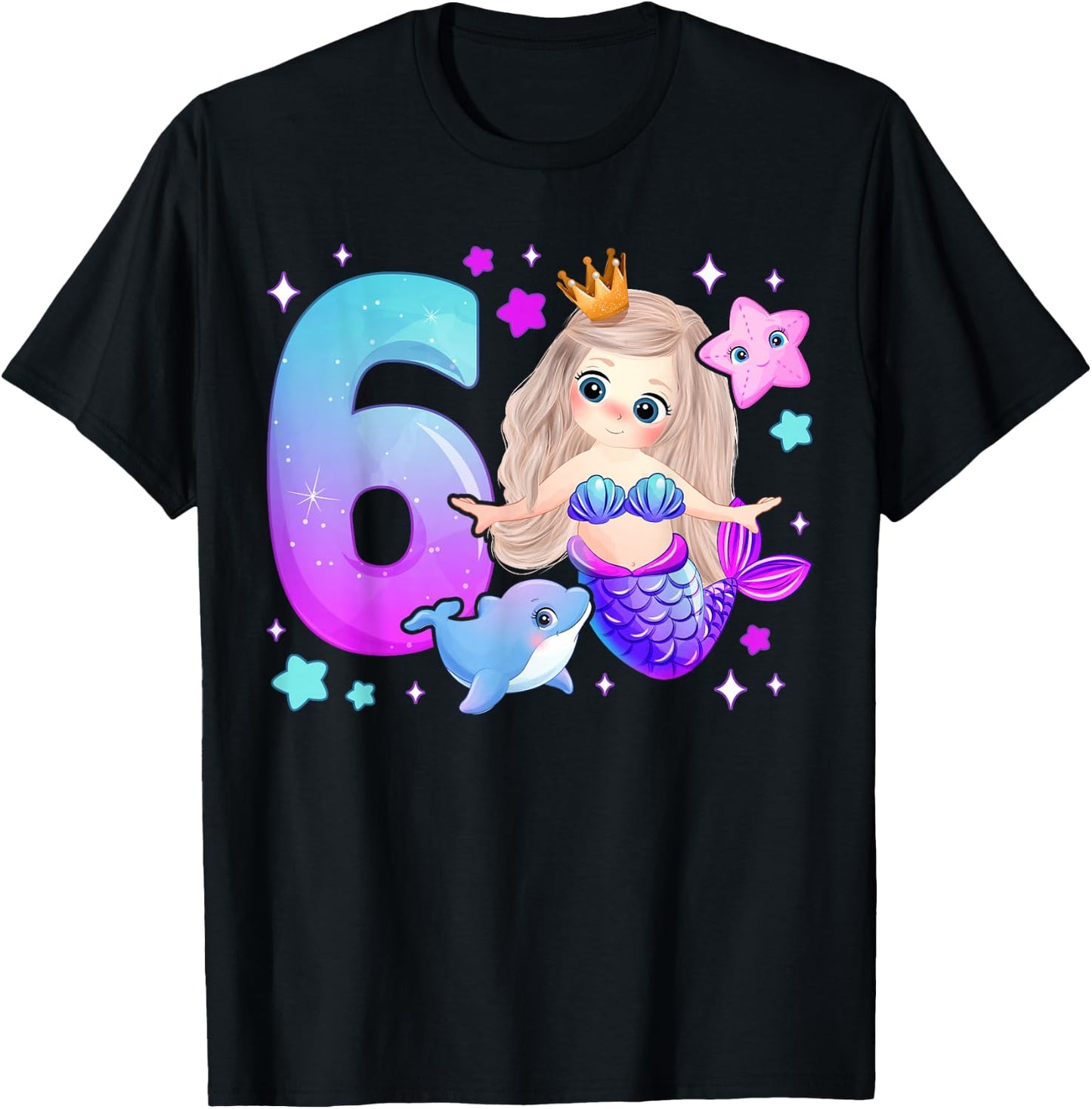 6th Birthday Girl 6 Years, Mermaid, Number 6 T-Shirt - T-Shirt | Black