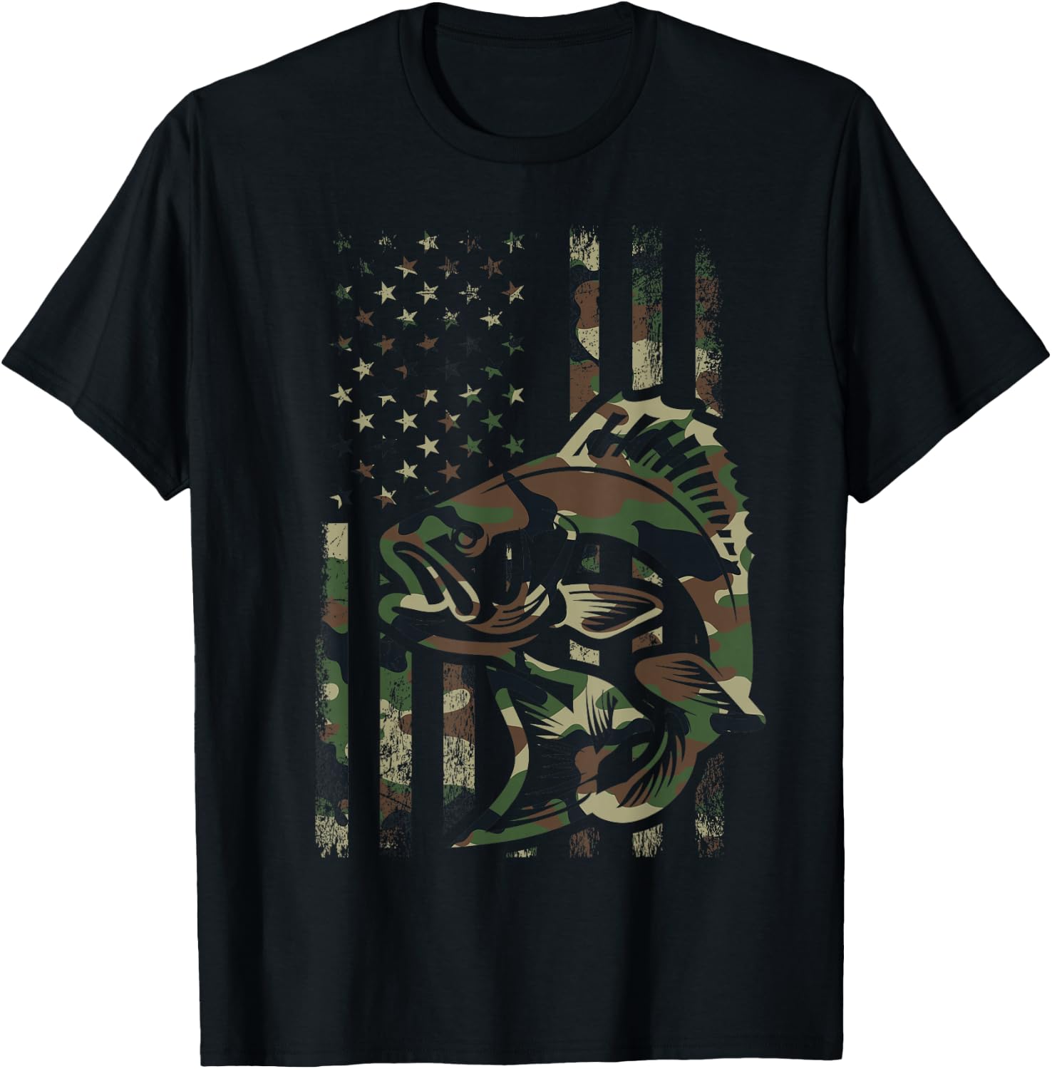 Camo Fishing Men Boys American Flag Bass Fishing T-Shirt - T-Shirt | Black