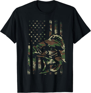 Camo Fishing Men Boys American Flag Bass Fishing T-Shirt - T-Shirt | Black