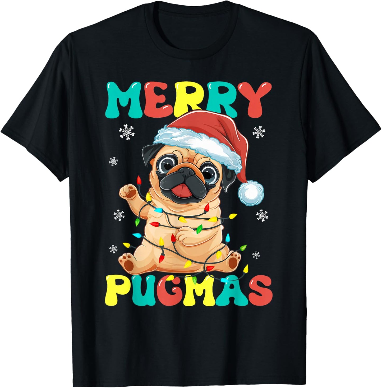 Merry Pugmas Pug Christmas Santa Pug Xmas Lights Dog Lover T-Shirt - T-Shirt | Black
