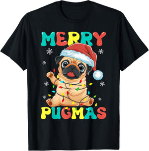 Merry Pugmas Pug Christmas Santa Pug Xmas Lights Dog Lover T-Shirt - T-Shirt | Black