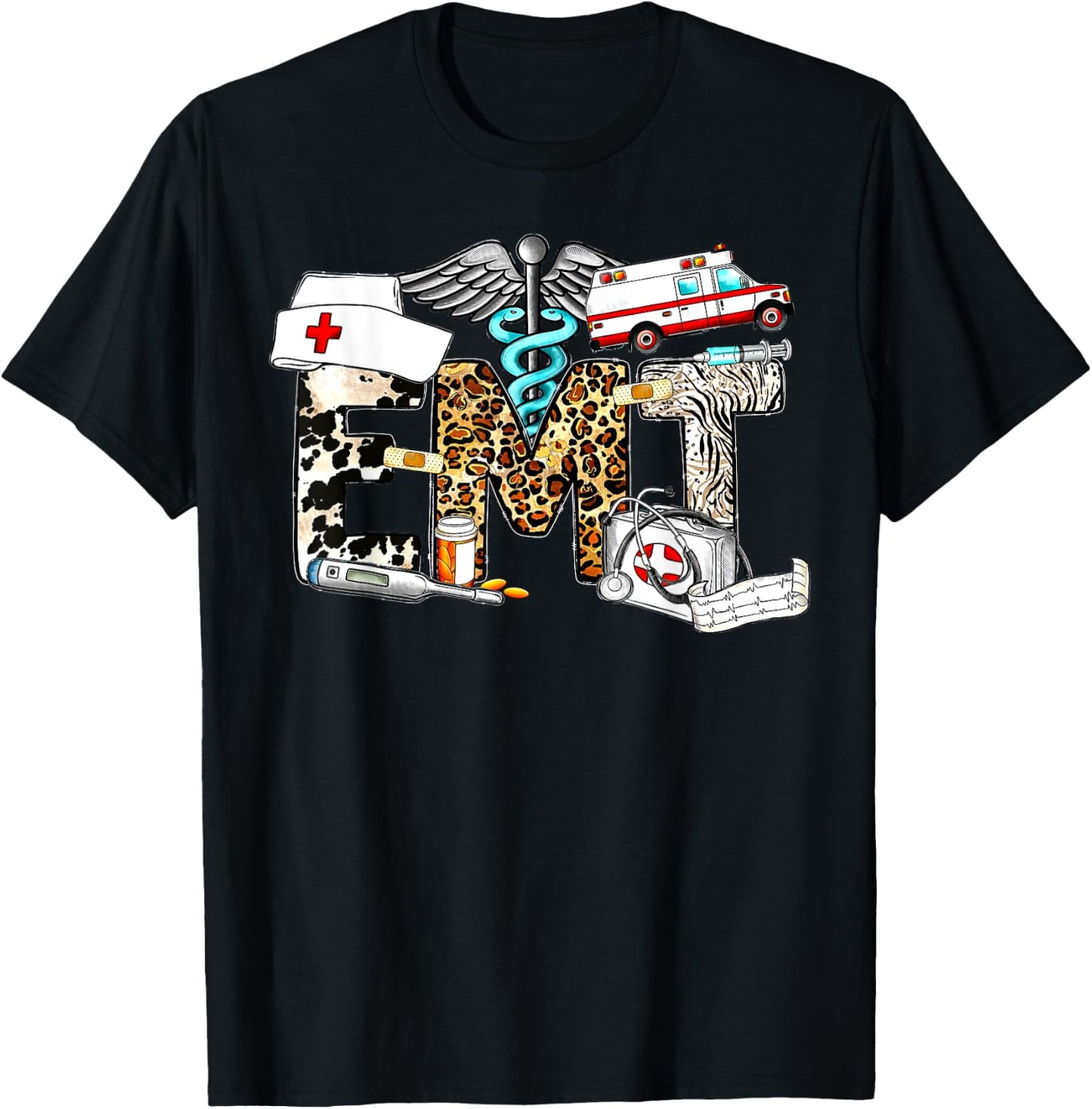 Retro Leopard EMT Emergency Medical Technician Paramedic T-Shirt - T-Shirt | Black