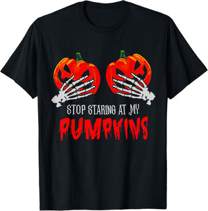 Stop Staring At My Pumpkins Funny Halloween Spooky Season T-Shirt - T-Shirt | Black