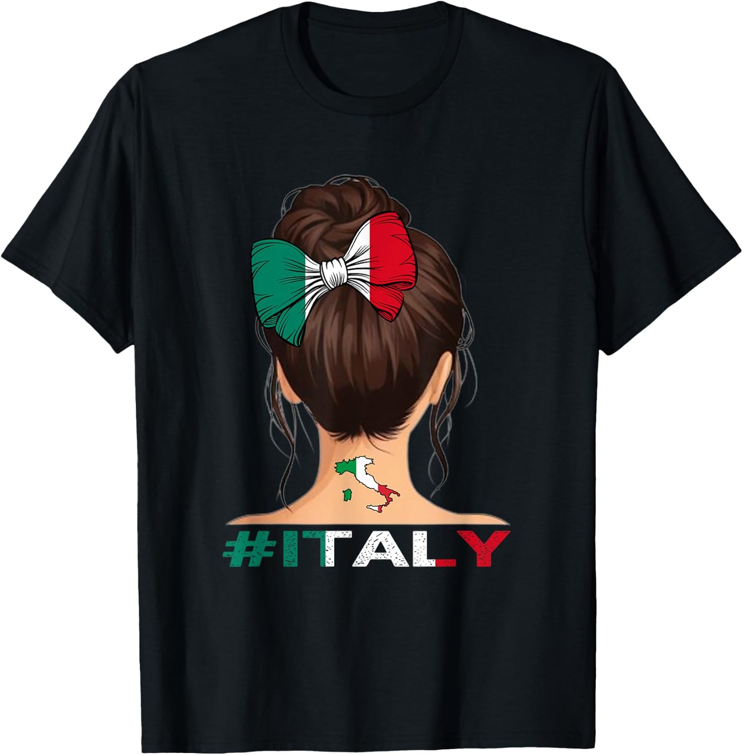 Italian Flag - Italy Girl Messy Bun , black T-Shirt - T-Shirt | Black