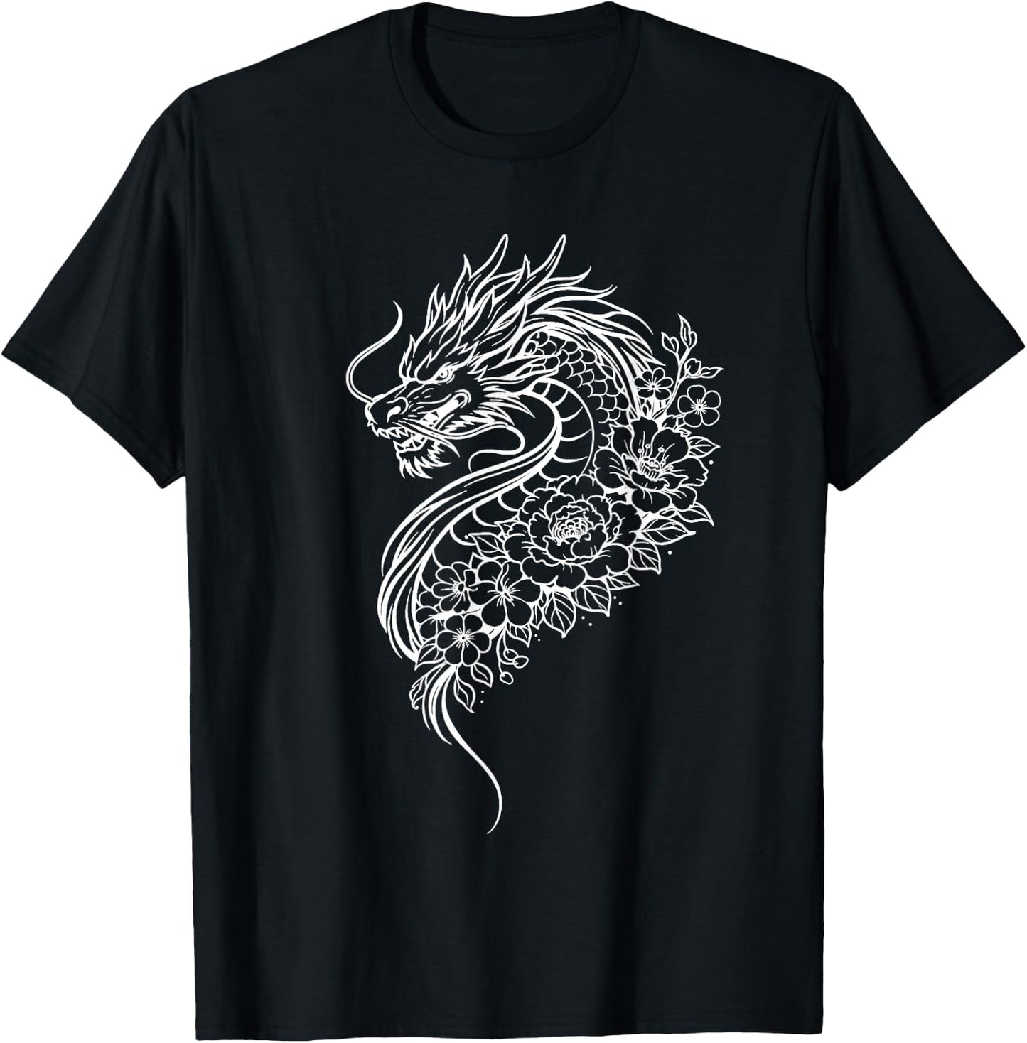 Dragon Flowers Line Art Minimalist White Splash T-Shirt - T-Shirt | Black