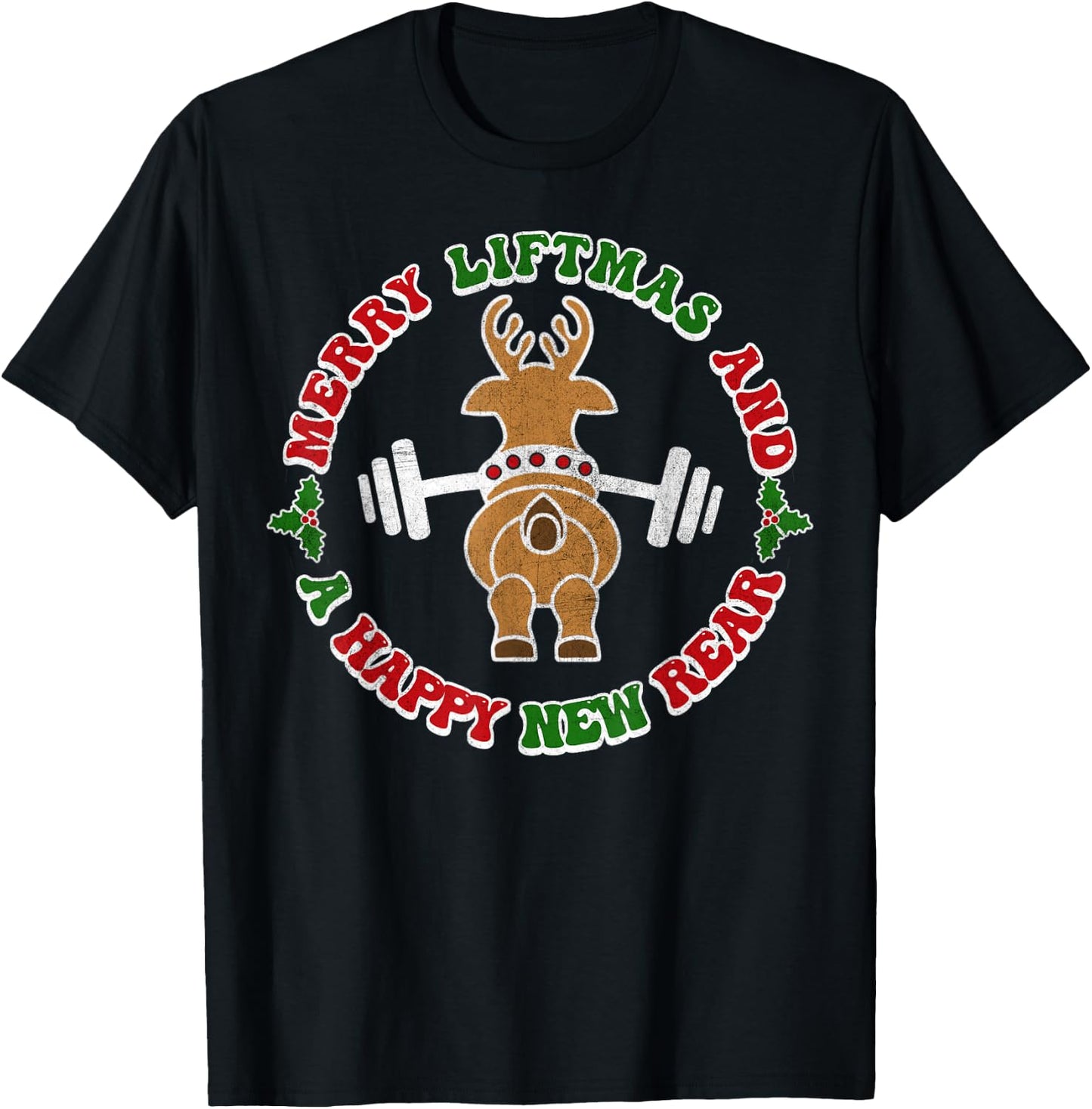 Retro Christmas Shirt Merry Liftmas and A Happy New Rear T-Shirt - T-Shirt | Black