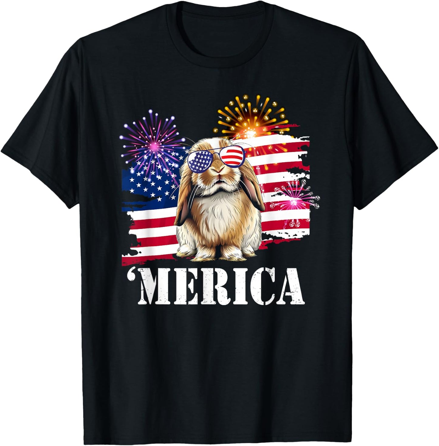 USA Flag 4th July Merica Mini Holland Lop Bunny Rabbit Lover T-Shirt - T-Shirt | Black