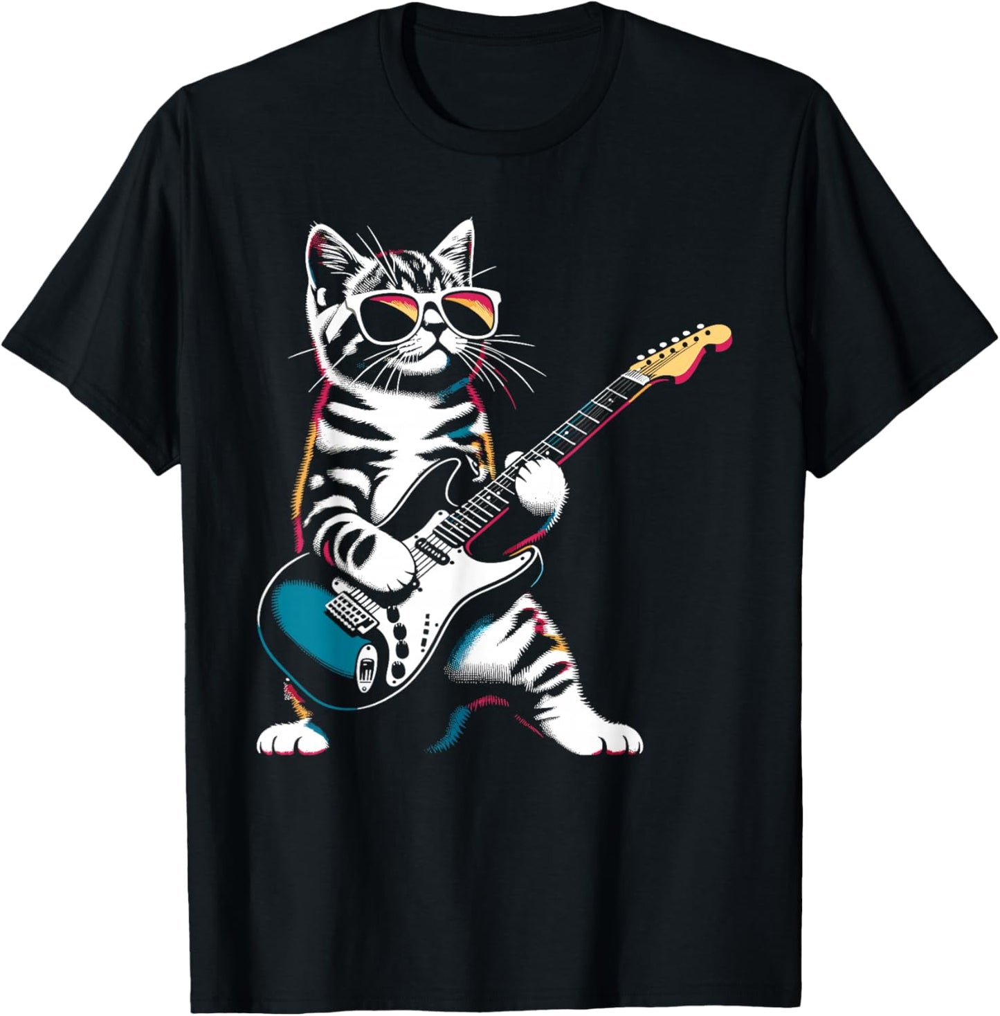 Guitar Cat Novelty Rock Music Band Concert Funny Cat T-Shirt - T-Shirt | Black