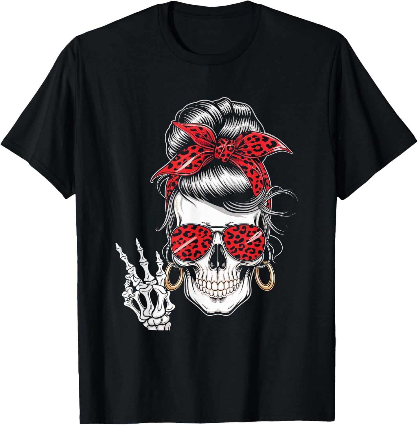 Messy Bun Skeleton Skull Leopard Bandana Fashion T-Shirt - T-Shirt | Black