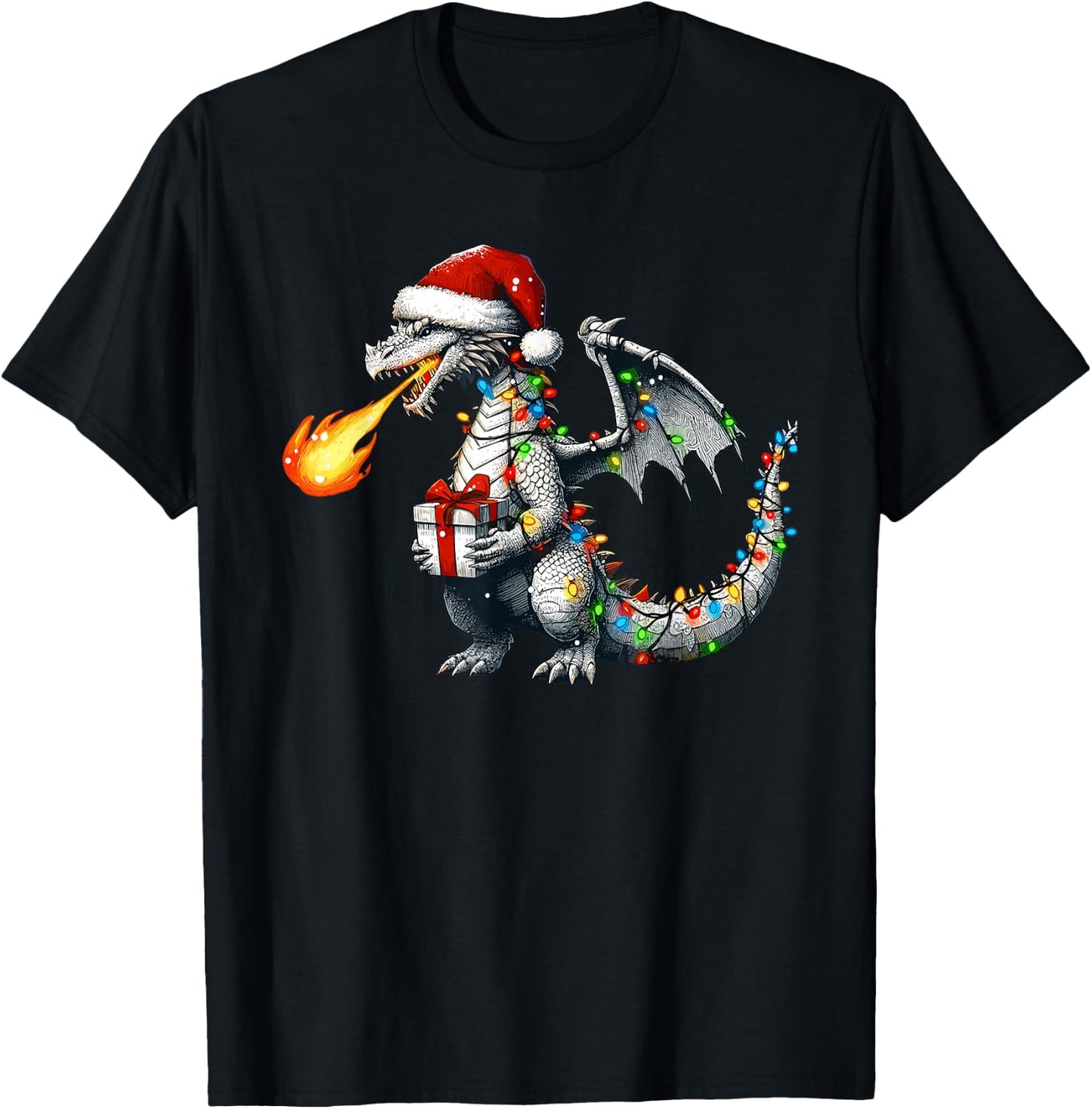 Dragon Wearing Santa Hat Holding A Present Box Xmas T-Shirt - T-Shirt | Black