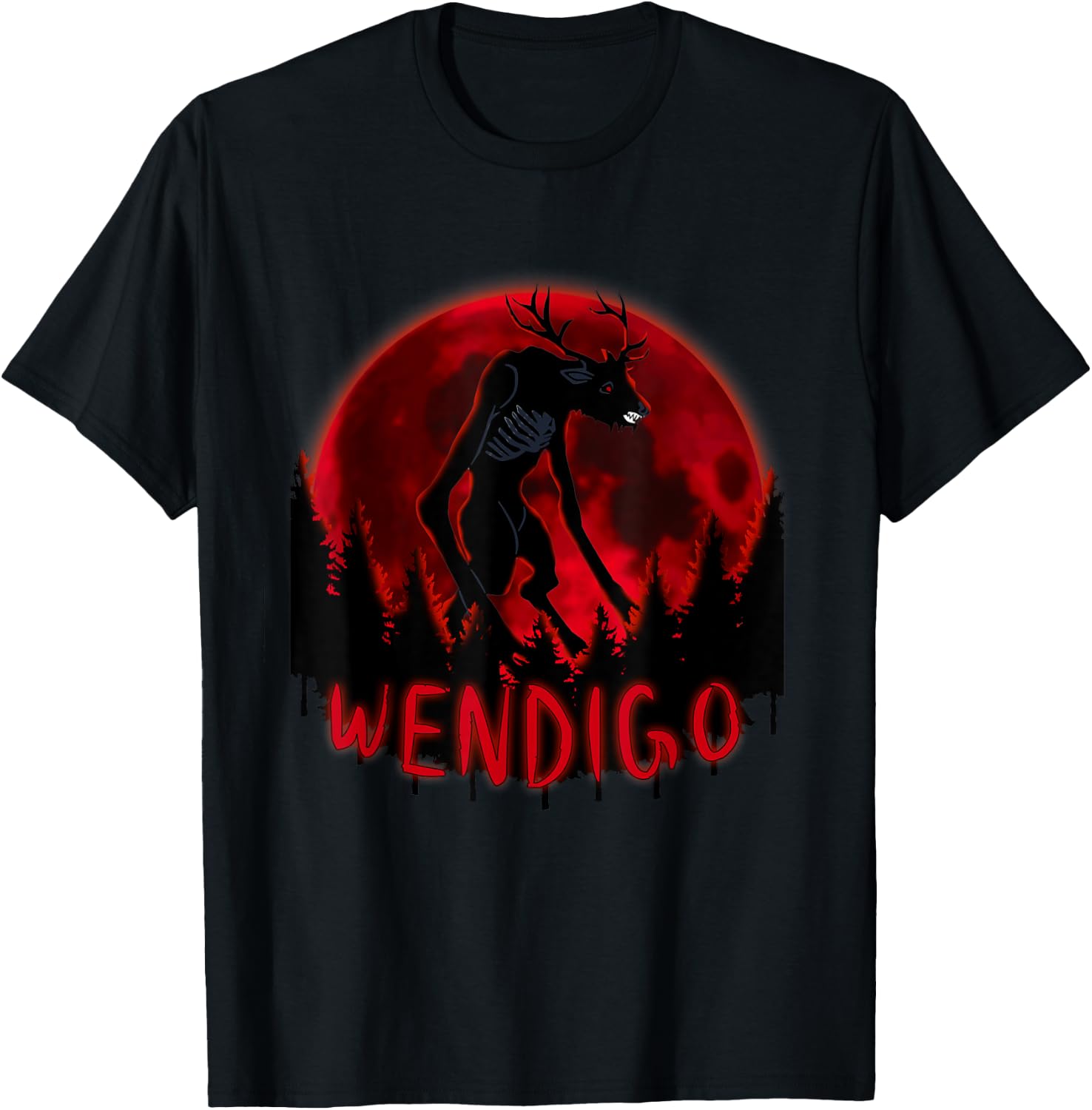 Red Full Moon in a ghost forest Wendigo Folklore T-Shirt - T-Shirt | Black