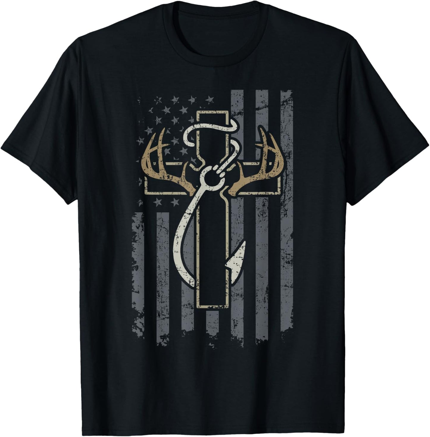 Faith Hunting Fishing - Christian Cross USA Hunter Fisherman T-Shirt - T-Shirt | Black