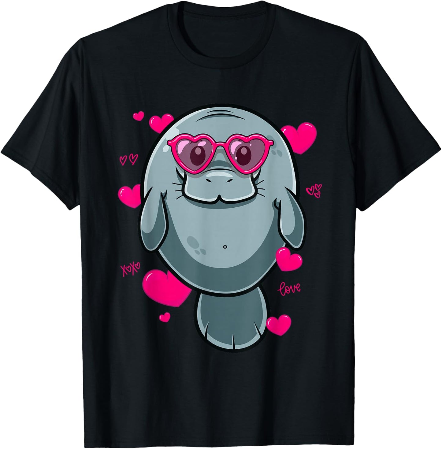 Cute Manatee Gift Girls Heart Glasses Manatee Valentine T-Shirt - T-Shirt | Black