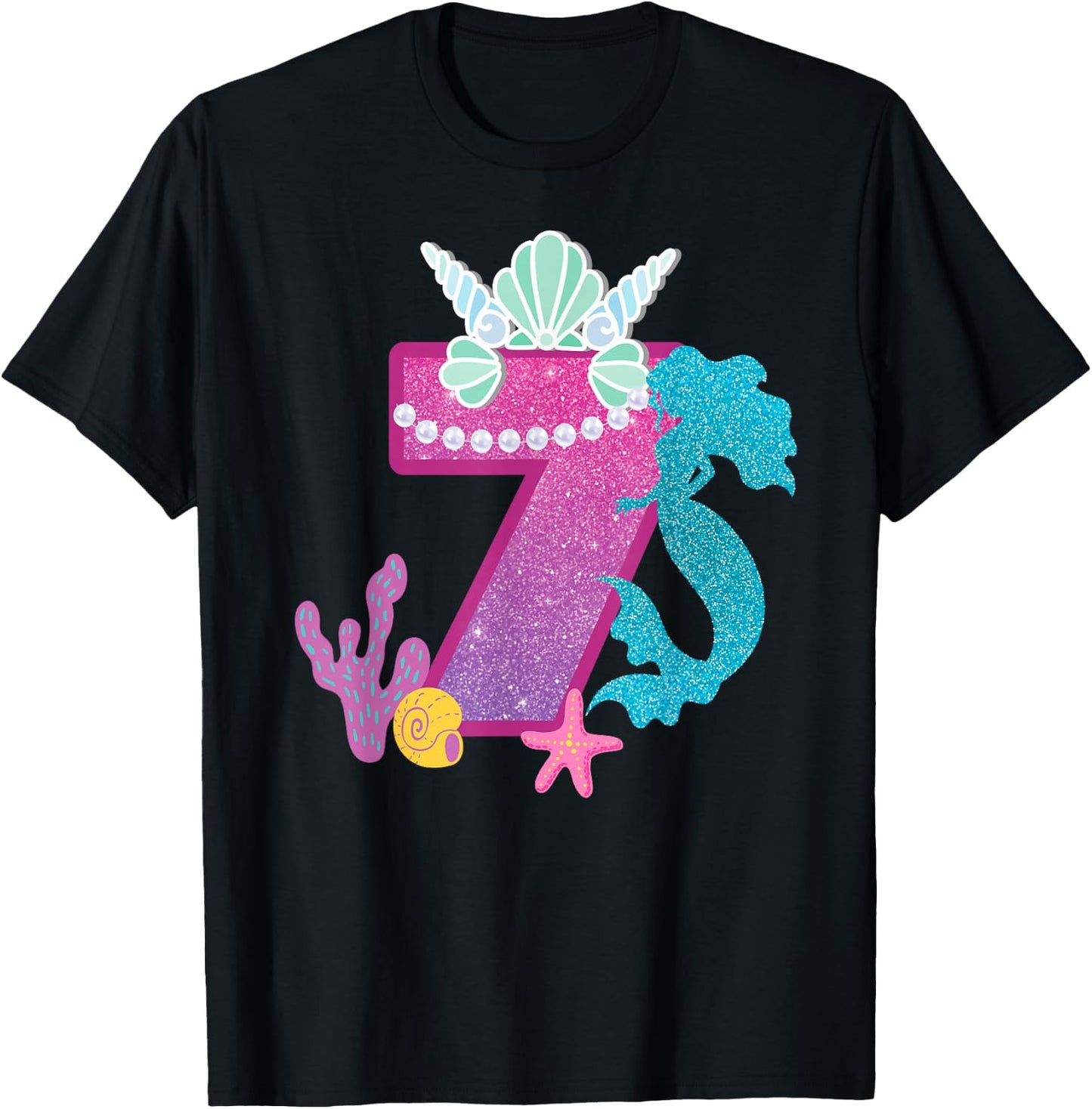7th Birthday Shirt Under the Sea Party Mermaid Shells Shirt T-Shirt - T-Shirt | Black