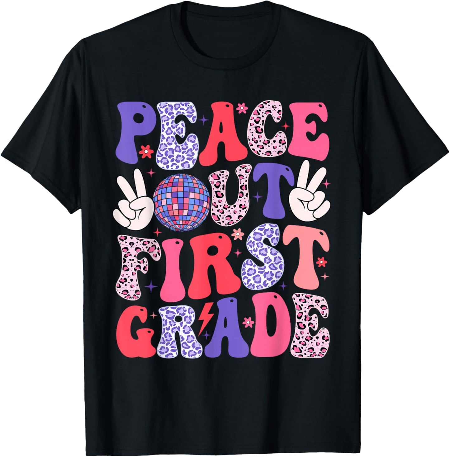 Peace Out First Grade Happy Last Day Of School Groovy Retro T-Shirt - T-Shirt | Black