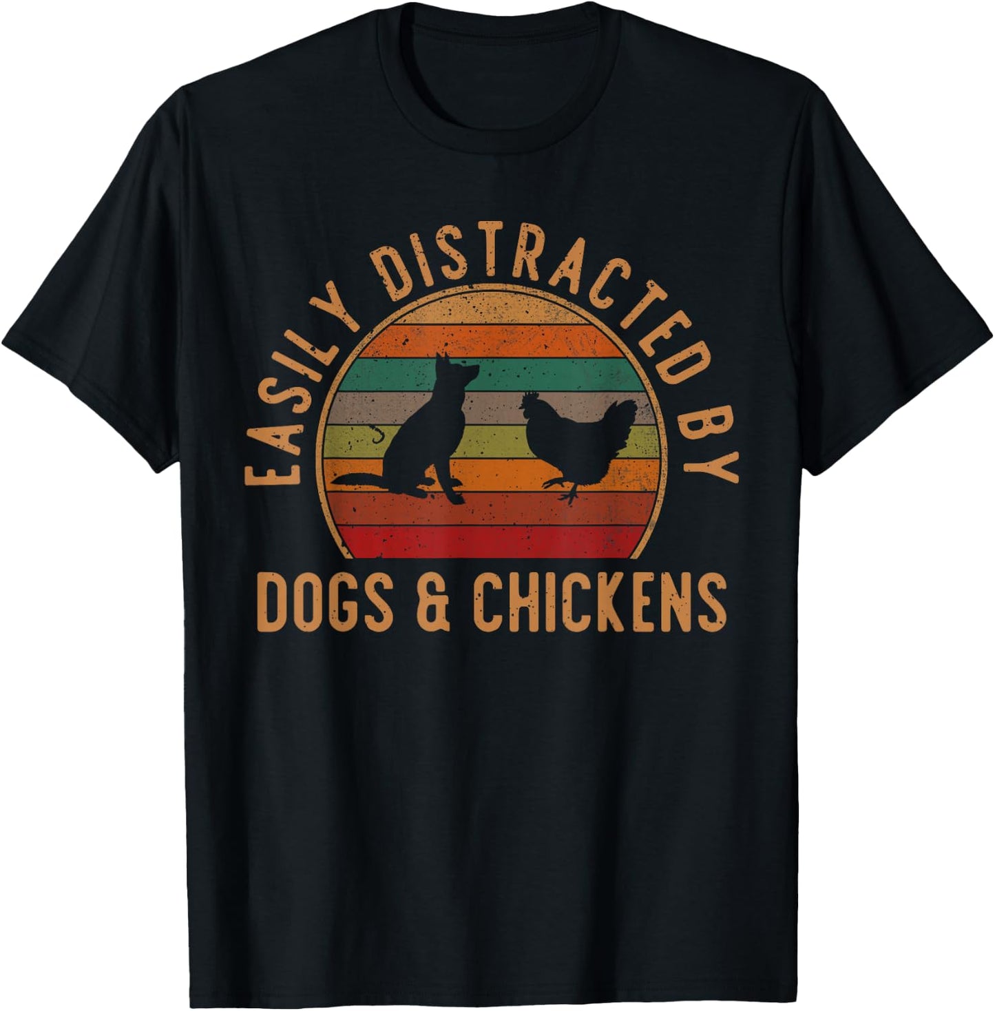 Easily Distracted By Dogs And Chickens Retro Vintage Funny T-Shirt - T-Shirt | Black