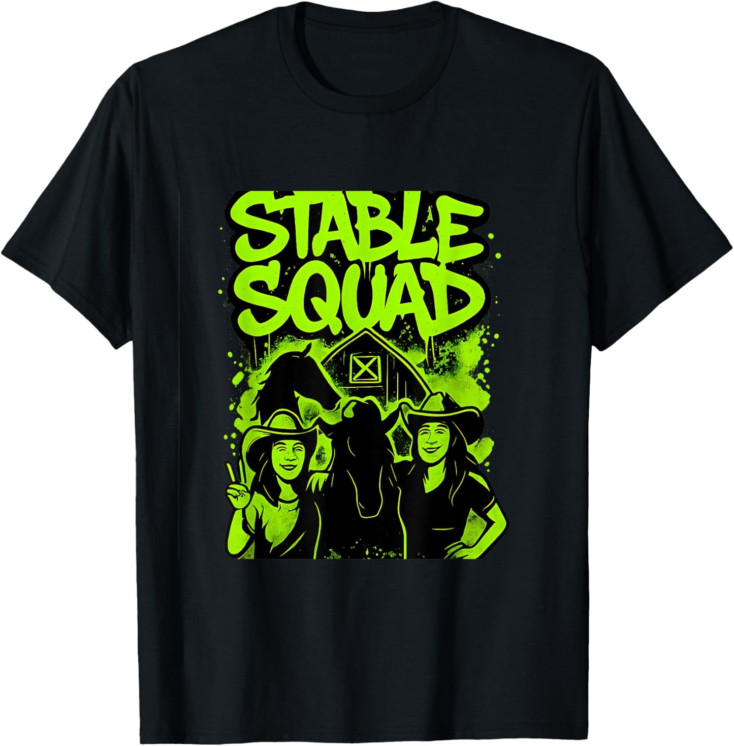 Stable Squad - Neon Green Horse Pattern T-Shirt - T-Shirt | Black