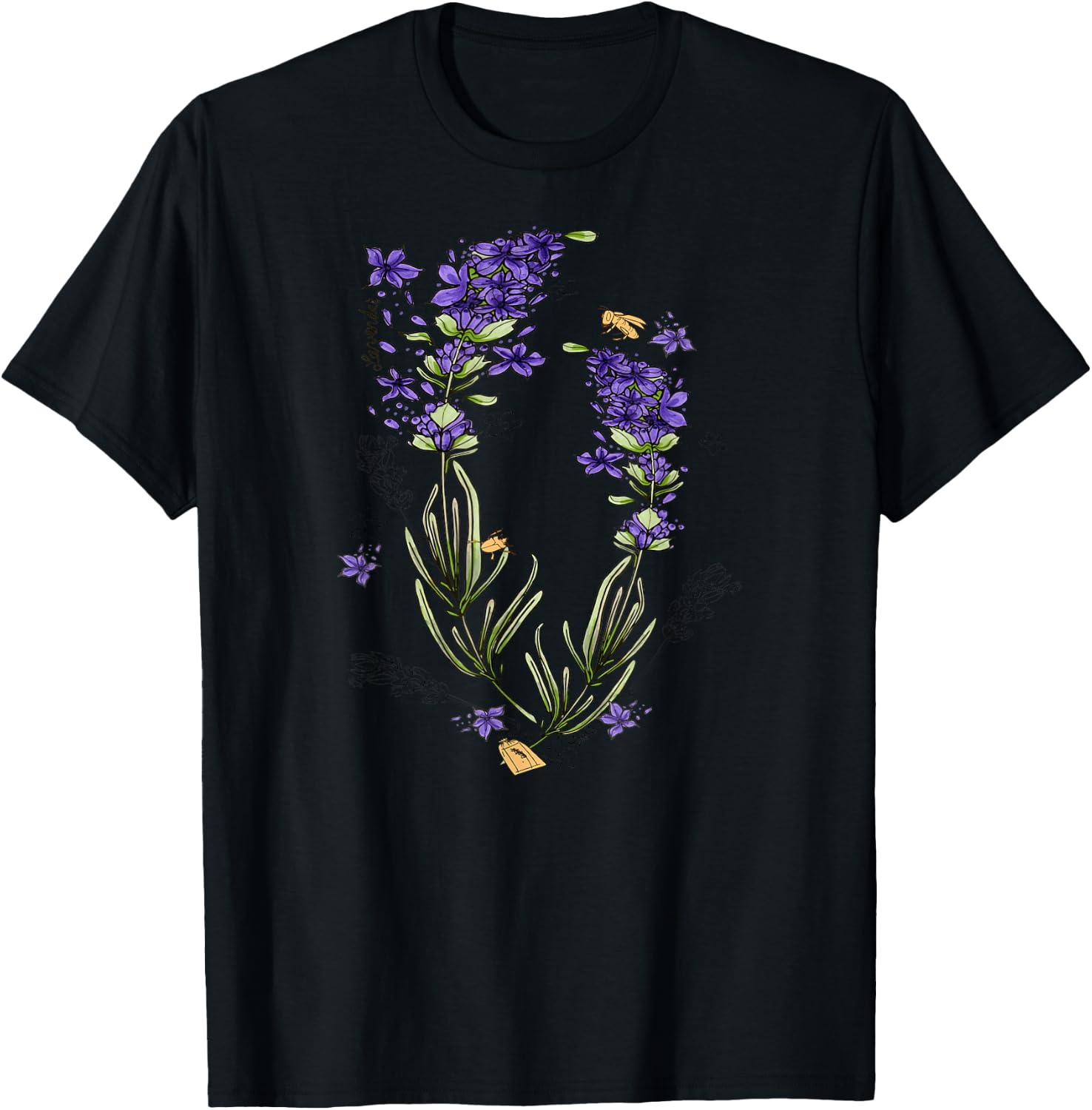 Lavender Purple Flowers Herb Field Botanical Stems T-Shirt - T-Shirt | Black