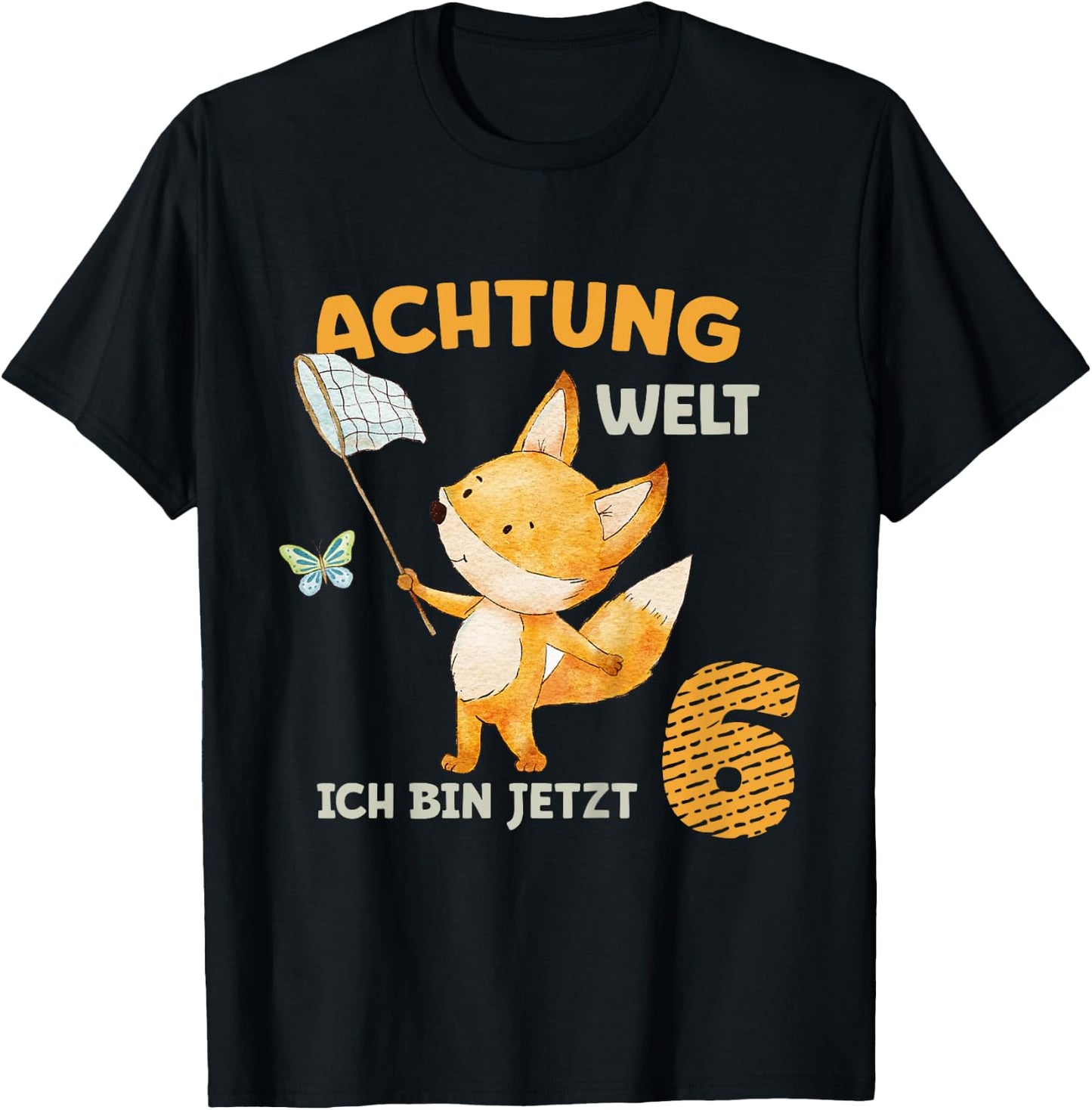 Children's Birthday Shirt 6 Years Boy Girl Fox Ich Bin Six , blue T-Shirt - T-Shirt | Black