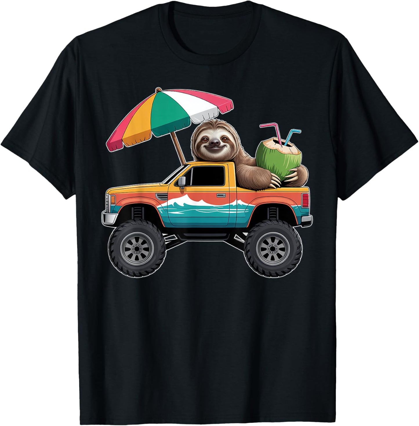 Cute Sloth Monster Truck with Coconut T-Shirt - T-Shirt | Black