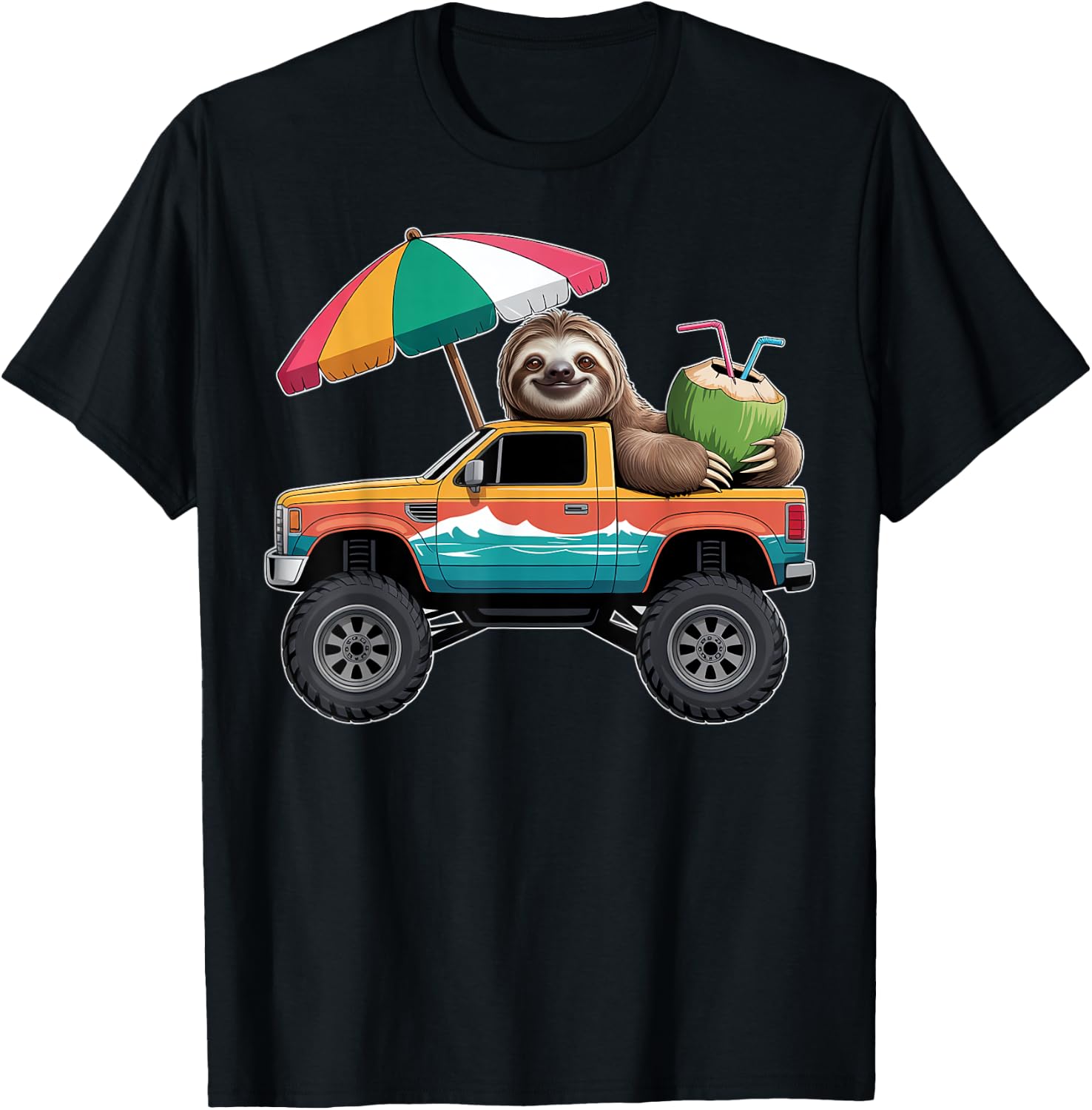 Cute Sloth Monster Truck with Coconut T-Shirt - T-Shirt | Black