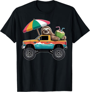 Cute Sloth Monster Truck with Coconut T-Shirt - T-Shirt | Black