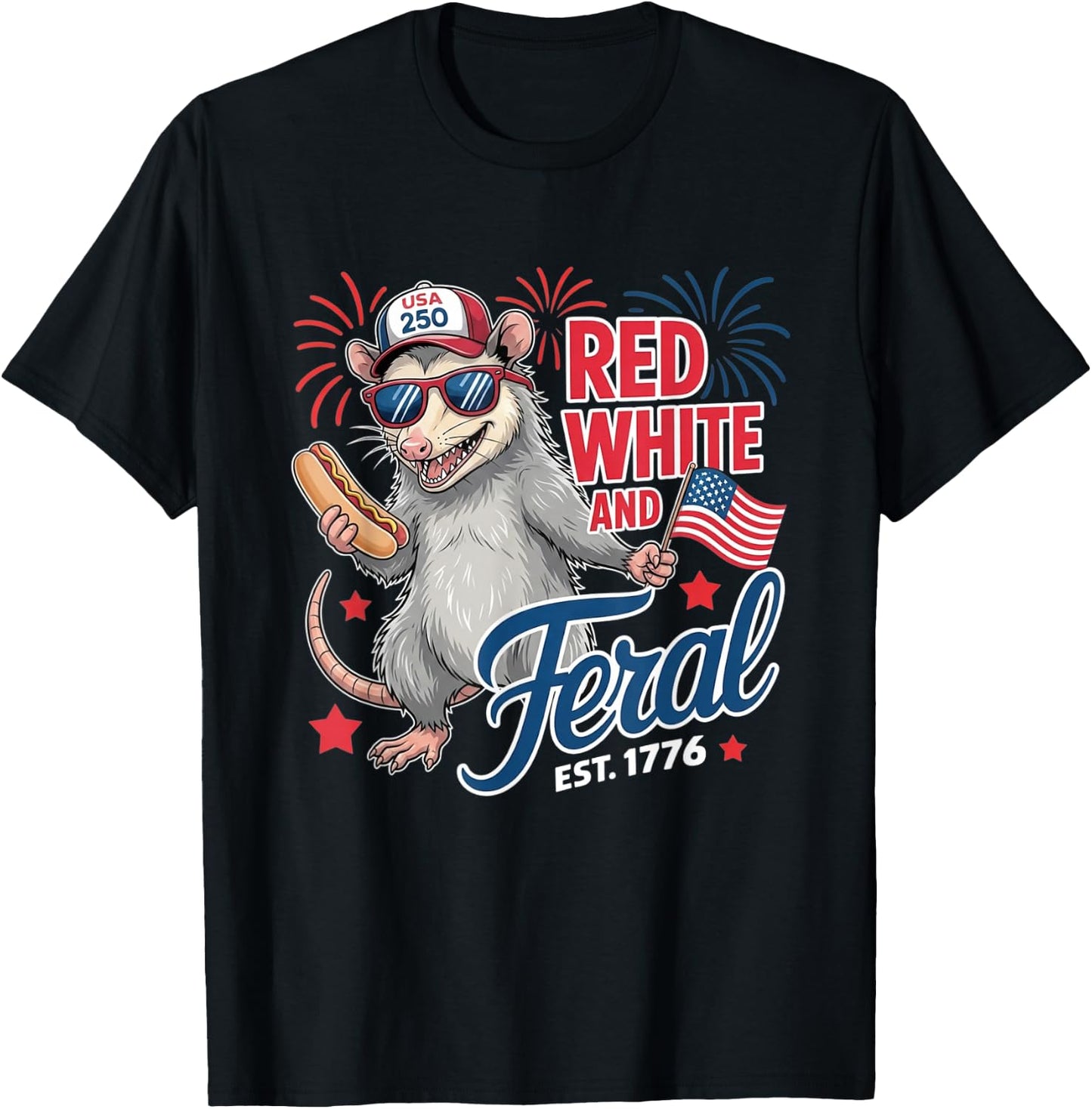 Red White and Feral USA Possum 4th of July Merica Men Kids T-Shirt - T-Shirt | Black