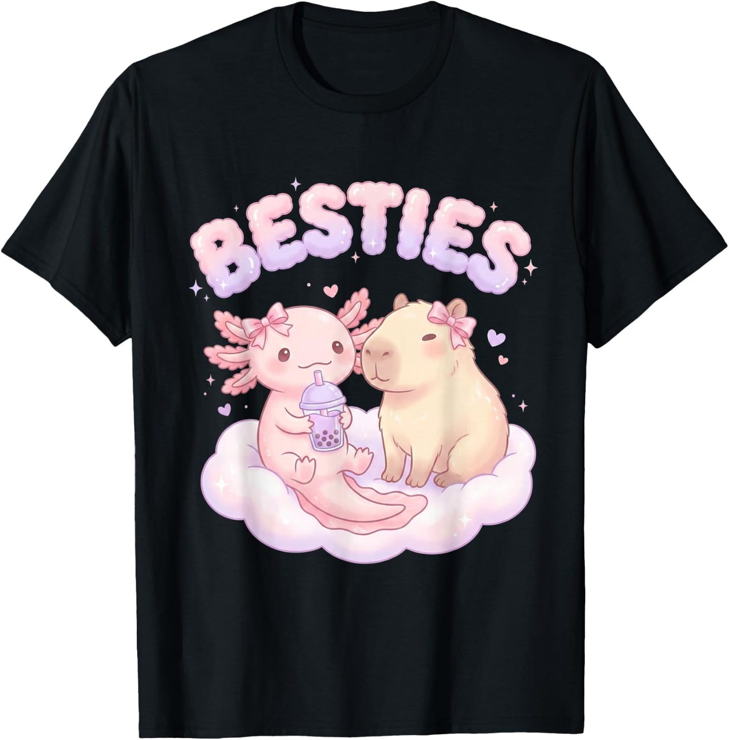 Besties Axolotl Capybara Bubble Tea Cute Kawaii Anime Tier T-Shirt - T-Shirt | Black