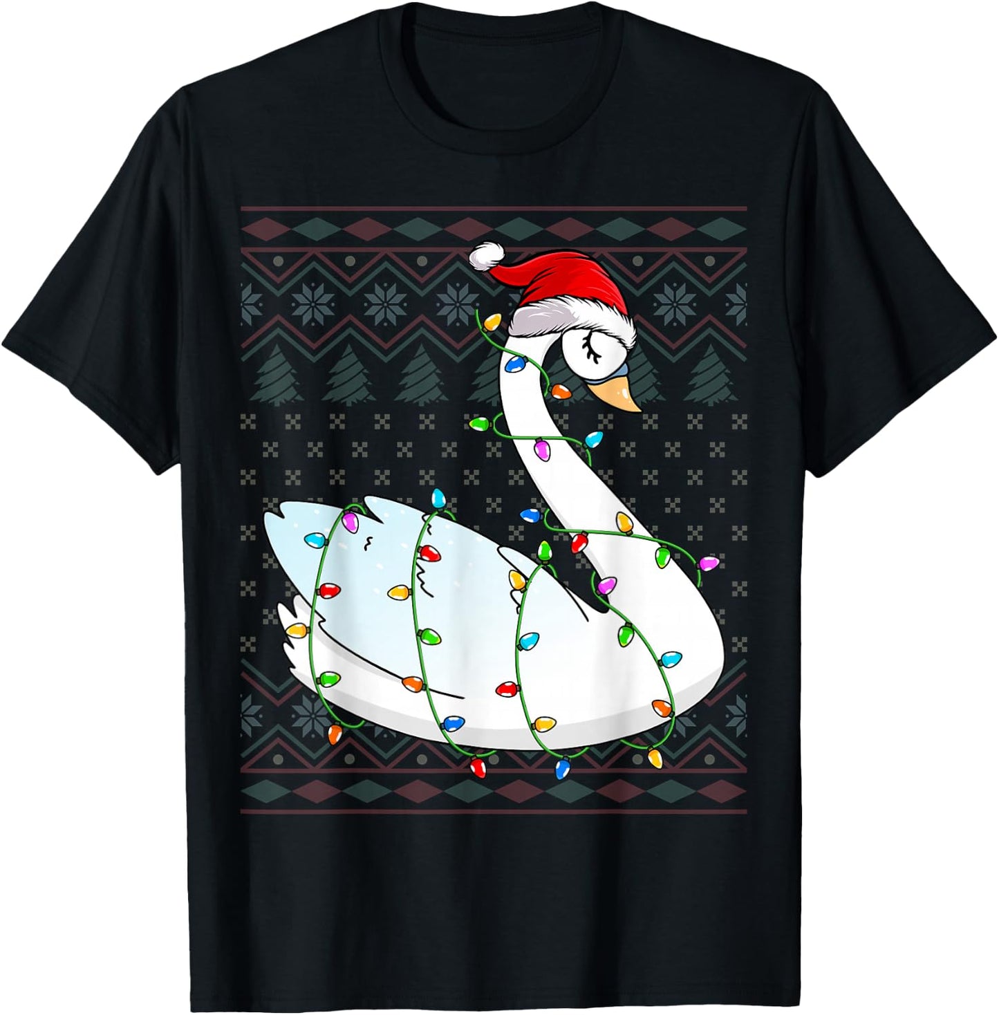 Swans Xmas Lighting Santa Hat Swans Lover Ugly Christmas T-Shirt - T-Shirt | Black