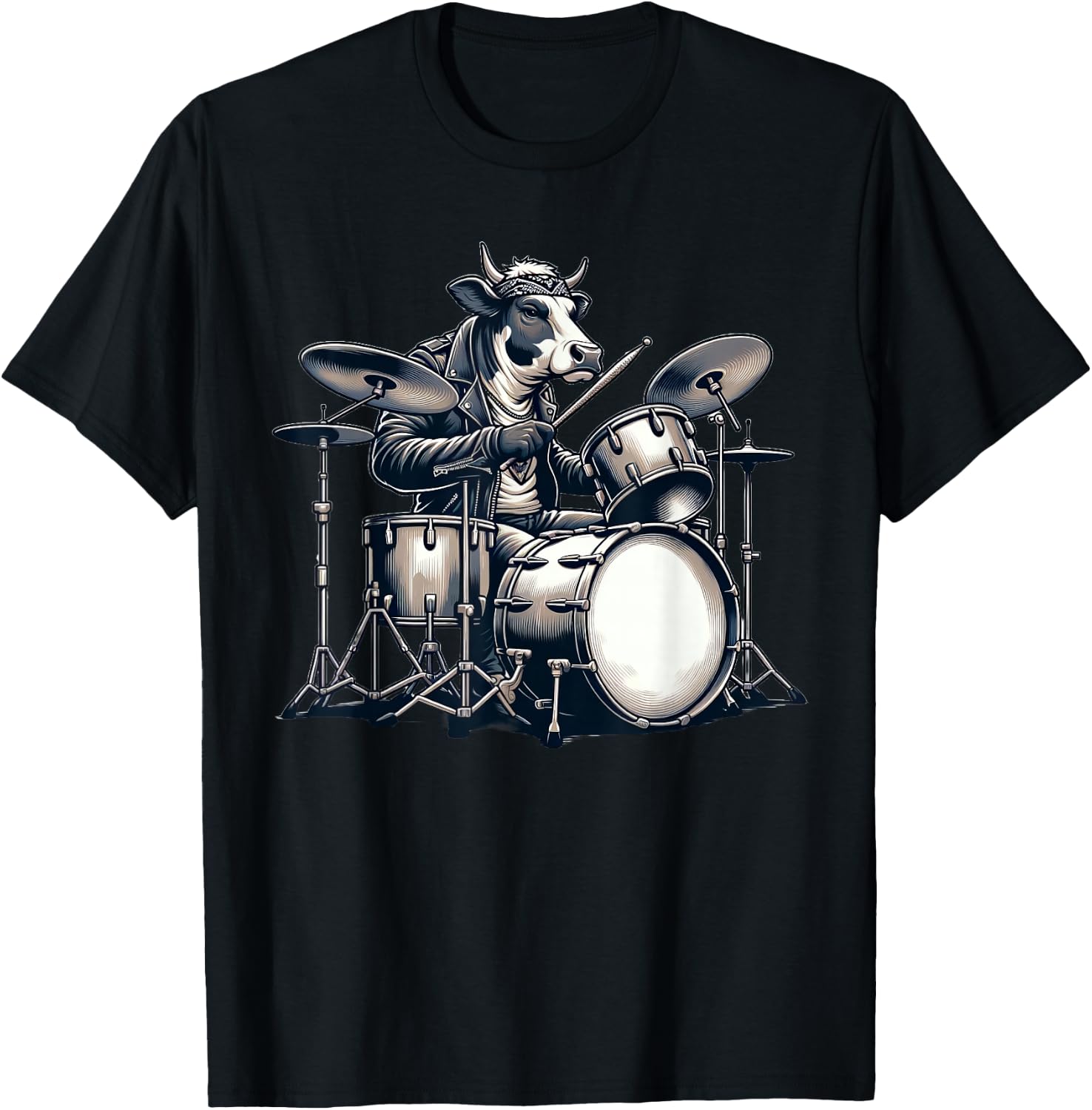 Cute Cow Playing Drums Cows Drummer Music T-Shirt - T-Shirt | Black