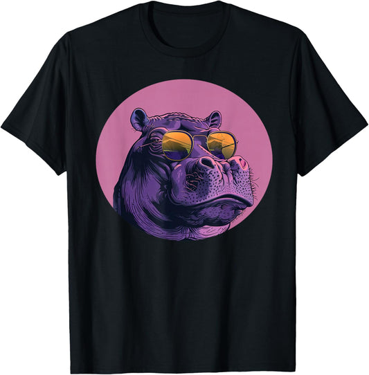 Funny plump bespectacled Hippo with Sunglasses Outfit T-Shirt - T-Shirt | Black