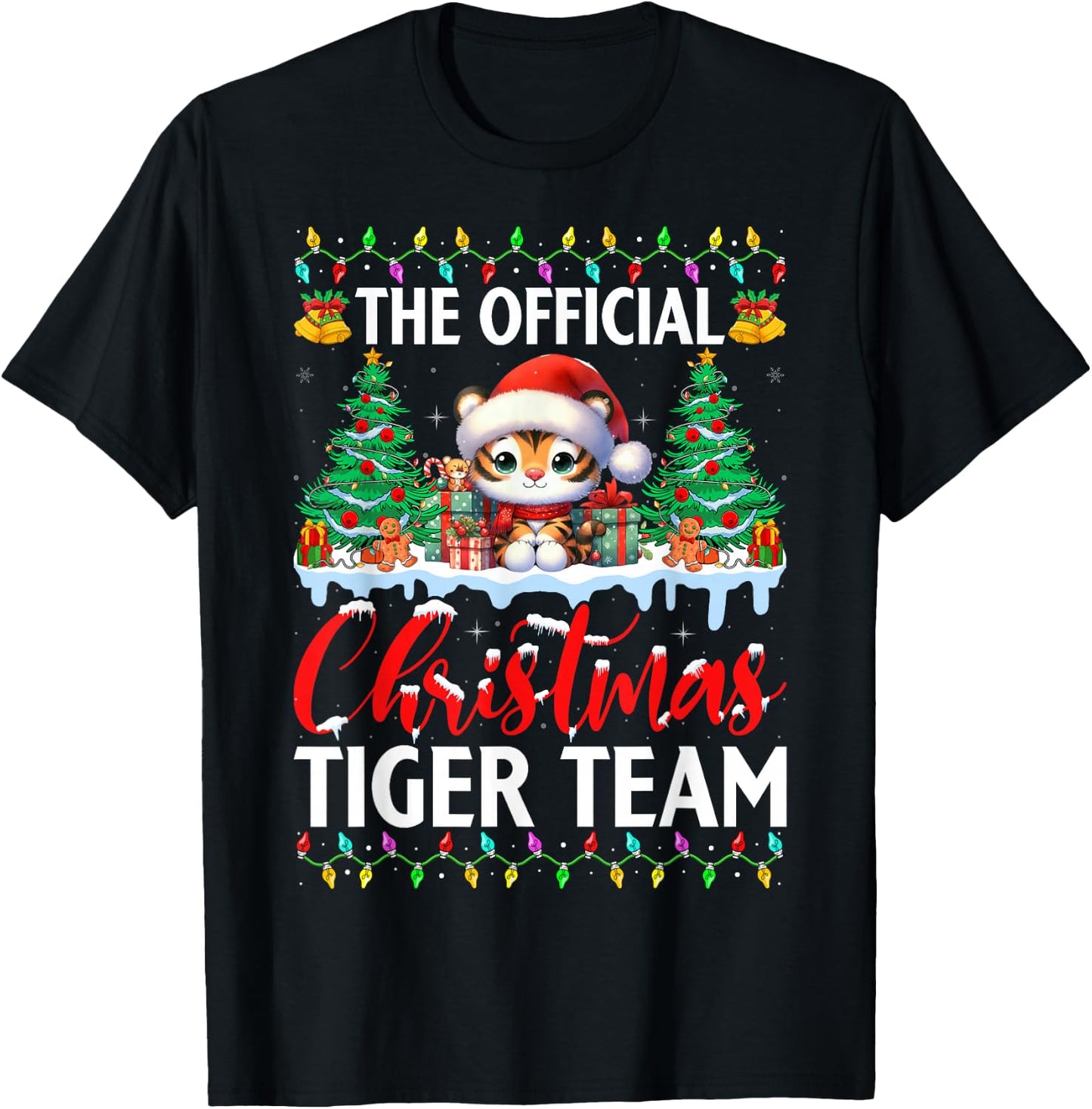 Cute Tiger Wearing Santa Hat Snow Xmas Christmas Tiger Team T-Shirt - T-Shirt | Black