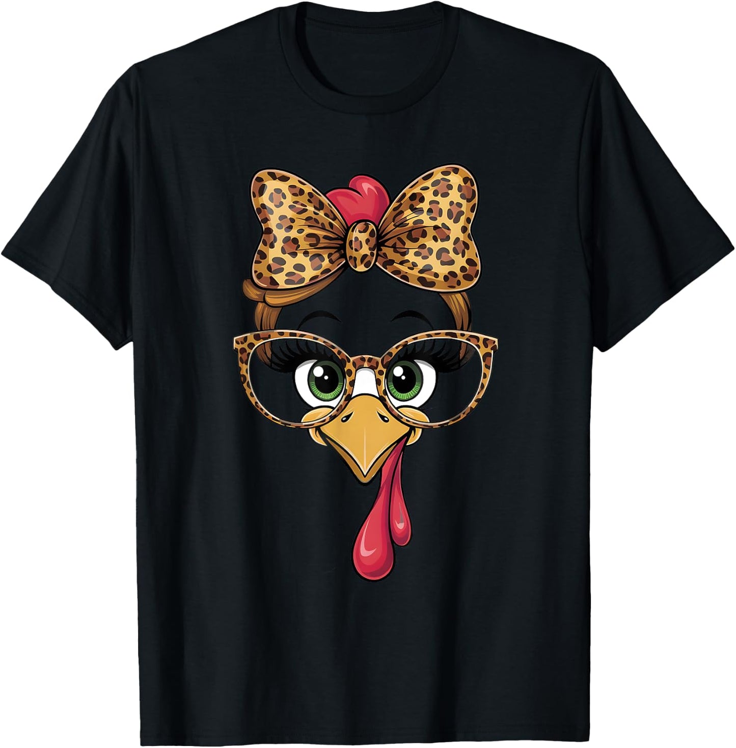 Thanksgiving Turkey Face Leopard Glasses Women Girls Kids T-Shirt - T-Shirt | Black