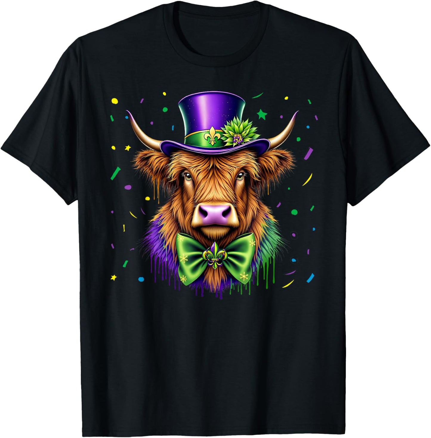 Mardi Gras Highland Cow Top Hat Mardi Gras Beads Bow Tie T-Shirt - T-Shirt | Black