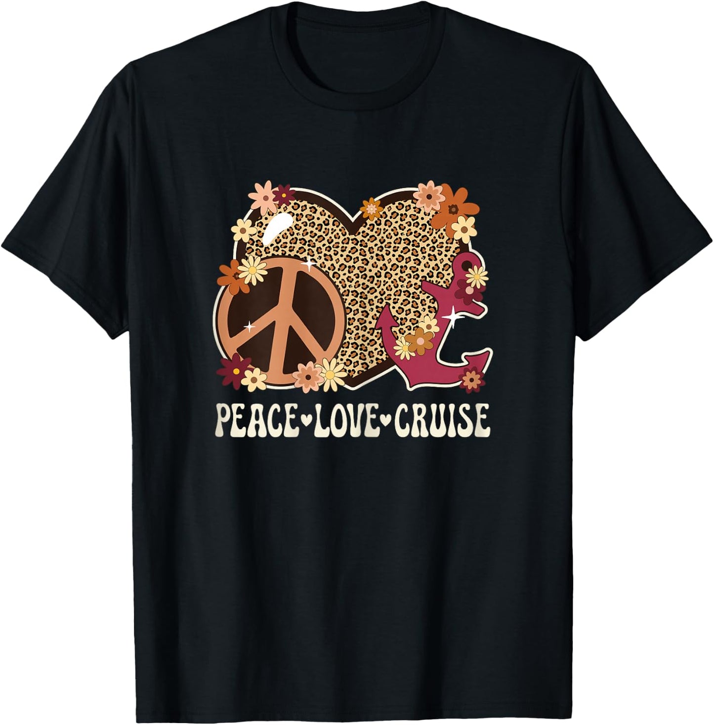 Peace Love Cruise Ship Lover Leopard Print Women Cute Cruise T-Shirt - T-Shirt | Black