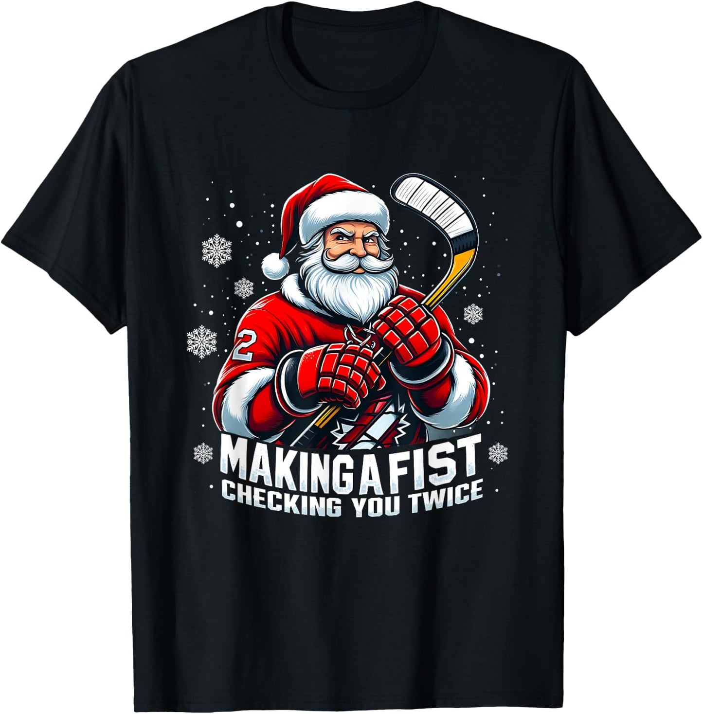 Xmas Santa Hockey Players Making A Fist Checking Your Twice T-Shirt - T-Shirt | Black