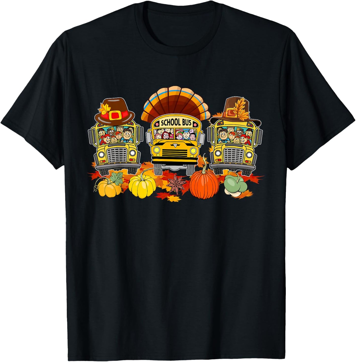 Thanksgiving Three Cute School Buses As Turkey Autumn Driver T-Shirt - T-Shirt | Black